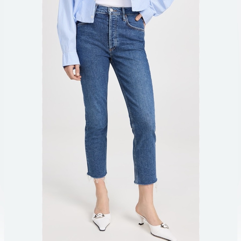 AGOLDE - women’s Kye mid rise stright crop‎ Jeans raw hem blue washed size 25